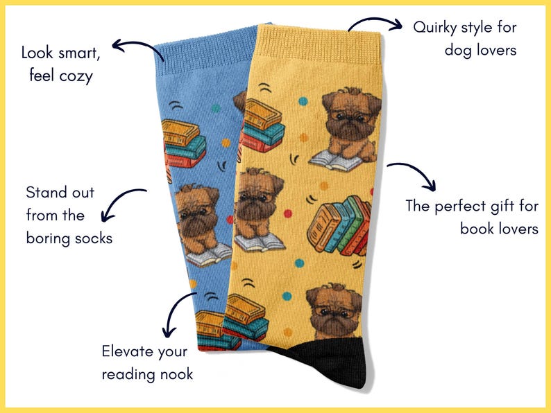 Infographic using the blue and yellow Griffon socks to highlight benefits. Arrows point to text describing them as quirky style for dog lovers, the perfect gift for book lovers, cozy comfort, and a way to stand out from boring socks.