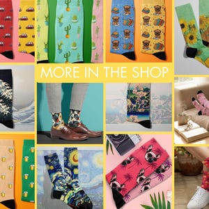 A grid displaying a variety of novelty sock designs available in the shop, including patterns with cars, cacti, Van Gogh sunflowers, Japanese waves, beer mugs, and various dogs like pugs and French bulldogs.