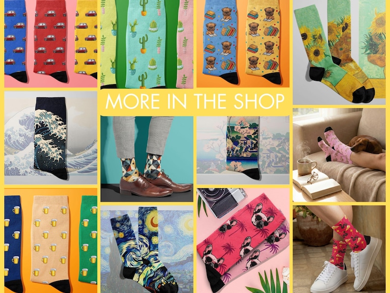 A grid displaying a variety of novelty sock designs available in the shop, including patterns with cars, cacti, Van Gogh sunflowers, Japanese waves, beer mugs, and various dogs like pugs and French bulldogs.