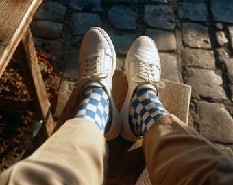 Retro Blue Check Socks | Y2K Indie Fashion Accessories | Soft Comfy Crew Socks | Cool Statement Socks for Men