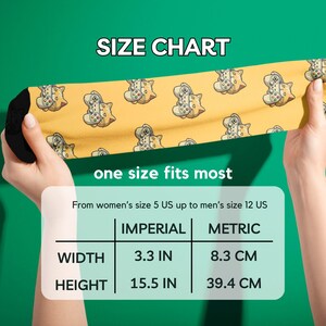 Size chart for Novelty Gaming Cat Themed Socks, showing that the socks are a one-size-fits-most solution. They will fit any foot from a women's size 5 to a men's size 12.
