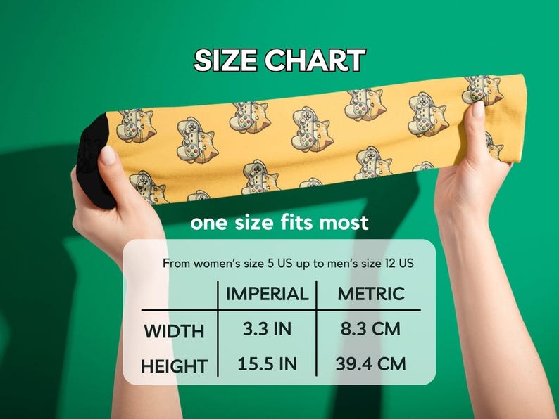 Size chart for Novelty Gaming Cat Themed Socks, showing that the socks are a one-size-fits-most solution. They will fit any foot from a women's size 5 to a men's size 12.