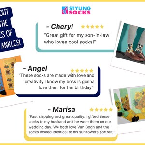 A collage of 5-star customer testimonials for Styling Socks. Reviews from Cheryl, Angel, and Marisa praise the socks as great gifts for son-in-laws, bosses, and husbands, highlighting the cool designs and quality.
