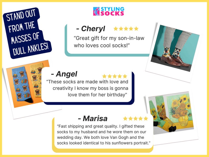 A collage of 5-star customer testimonials for Styling Socks. Reviews from Cheryl, Angel, and Marisa praise the socks as great gifts for son-in-laws, bosses, and husbands, highlighting the cool designs and quality.