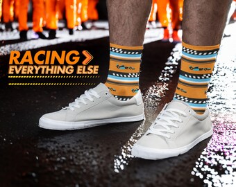 Novelty Racing Socks | Orange & Blue Motorsport Socks | Gift for Racing Fans