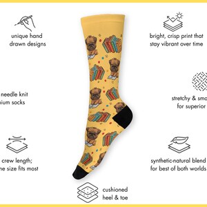 Technical specifications infographic for the Griffon socks. Icons detail features including unique hand-drawn designs, 200 needle knit quality, vibrant print, stretchy fabric, synthetic-natural blend, crew length one size fits most, and cushioned heel and toe.