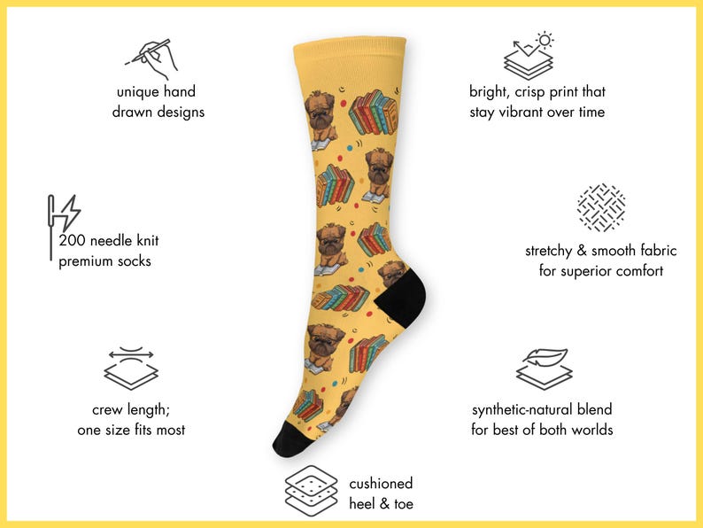 Technical specifications infographic for the Griffon socks. Icons detail features including unique hand-drawn designs, 200 needle knit quality, vibrant print, stretchy fabric, synthetic-natural blend, crew length one size fits most, and cushioned heel and toe.