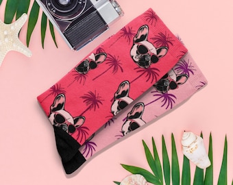 French Bulldog Socks with Palm Tree Tropical Pattern - Cool Dog Socks for Men and Women - Vacation Socks with Dog Sunglasses