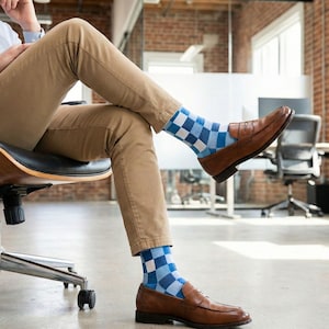 electric blue mens dress shirt Dress Navy, Sky Blue, Bay Blue, and Cream Variegated Stripe Fine Merino Wool Sock Linked Toe Mid-Calf