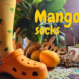 Tropical Mango Socks - Colorful Socks with Fruit Mango and Palm Leaf