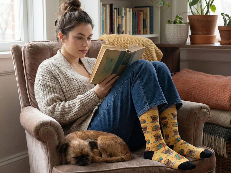 A cozy lifestyle photograph of a woman sitting in an armchair, engrossed in a hardcover book. She is wearing the yellow Griffon reading socks, and a real Brussels Griffon dog is sleeping curled up beside her.