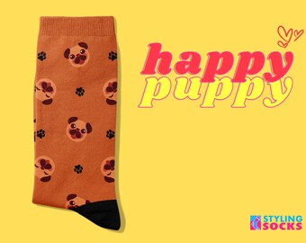 Happy Pug Socks - Colorful Socks with Happy Pug Faces and Pawprints - Fun and Fashionable Dog Lover Gift