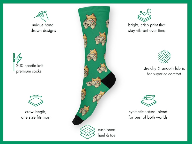 Novelty Gaming Cat Themed Socks showing the various features of the sock materials - including hand-drawn designs, 200 needle knit premium socks, stretchy and smooth fabric, bright crisp print that stay vibrant, and a cushioned heel & toe.