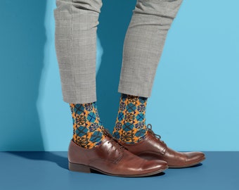 Colorful Bold Blue & Orange Abstract Geometric Socks | Stylish Patterned Socks | Dress Socks for Men