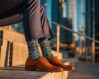 Teal & Orange Abstract Art Socks - Colorful Geometric Dress Socks for Stylish Men