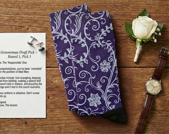 Navy Blue Baroque Floral Socks – Elegant Dress Socks for Groomsmen & Wedding Parties