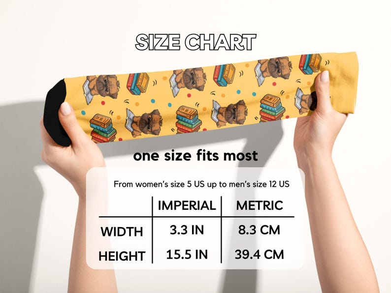 Size chart infographic demonstrating the "one size fits most" fit, ranging from women's size 5 US up to men's size 12 US. A table provides exact dimensions in both imperial (3.3" width, 15.5" height) and metric measurements.