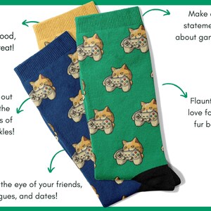 A photo of Novelty Gaming Cat Themed Socks in three colors - blue, green and yellow, with arrows indicating the five benefits of wearing them. The two main benefits include flaunting your love for cats and gaming, and standing out from the crowd!