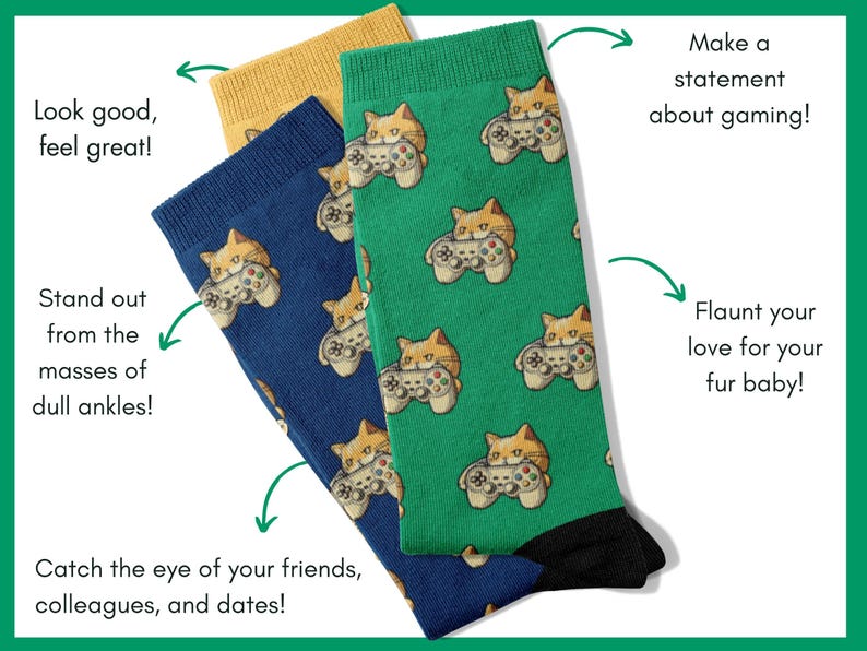 A photo of Novelty Gaming Cat Themed Socks in three colors - blue, green and yellow, with arrows indicating the five benefits of wearing them. The two main benefits include flaunting your love for cats and gaming, and standing out from the crowd!