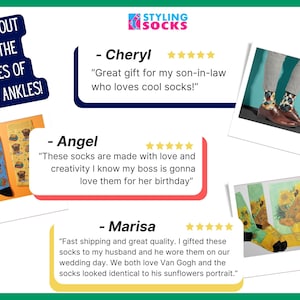 A photo displaying five-star reviews for various socks purchased by customers of Styling Socks.