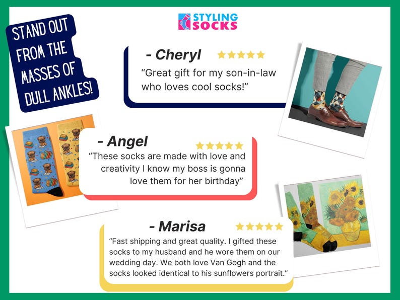 A photo displaying five-star reviews for various socks purchased by customers of Styling Socks.