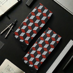 3D Cube Geometric Socks – Red & Black Mens Dress Socks | Optical Illusion Pattern | Unique Architect and Math Teacher Gift