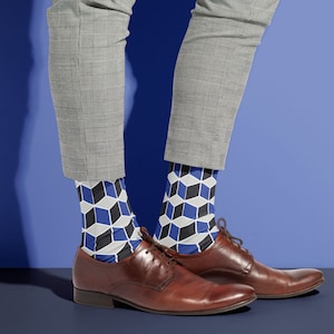 Navy Blue Geometric Patterned Socks | Mens Dress Socks | Modern Business Casual | Stylish Accessories & Fashionable Socks for Men