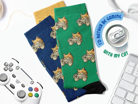 Novelty Gaming Cat Themed Socks | Fun & Unique Gamer Socks | Funny Gaming Socks for Him