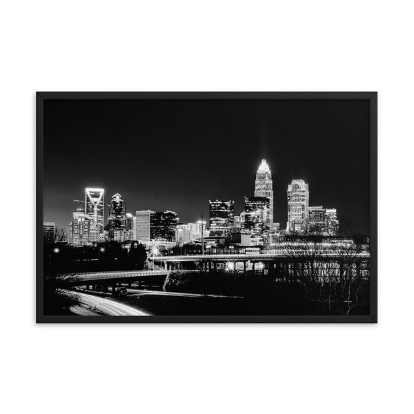 Charlotte Night Skyline Photographie en noir et blanc Impression encadrée