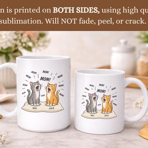 Two white mugs with cartoon cats and "MOM!" text, labeled Milo and Jack.