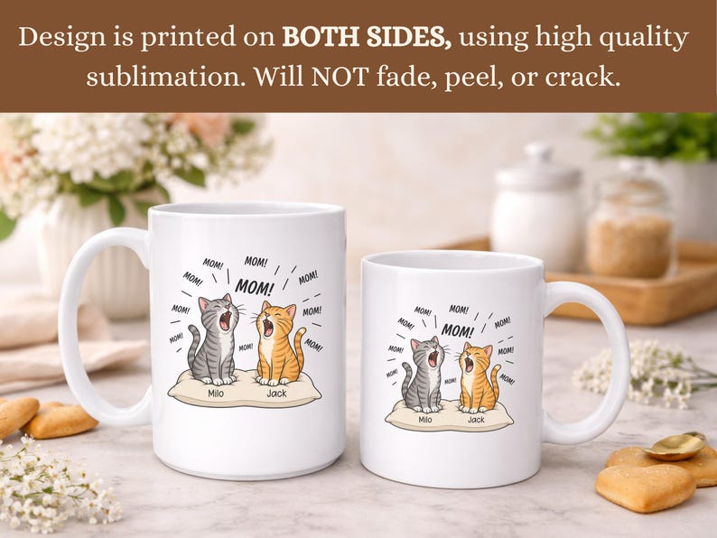 Two white mugs with cartoon cats and "MOM!" text, labeled Milo and Jack.