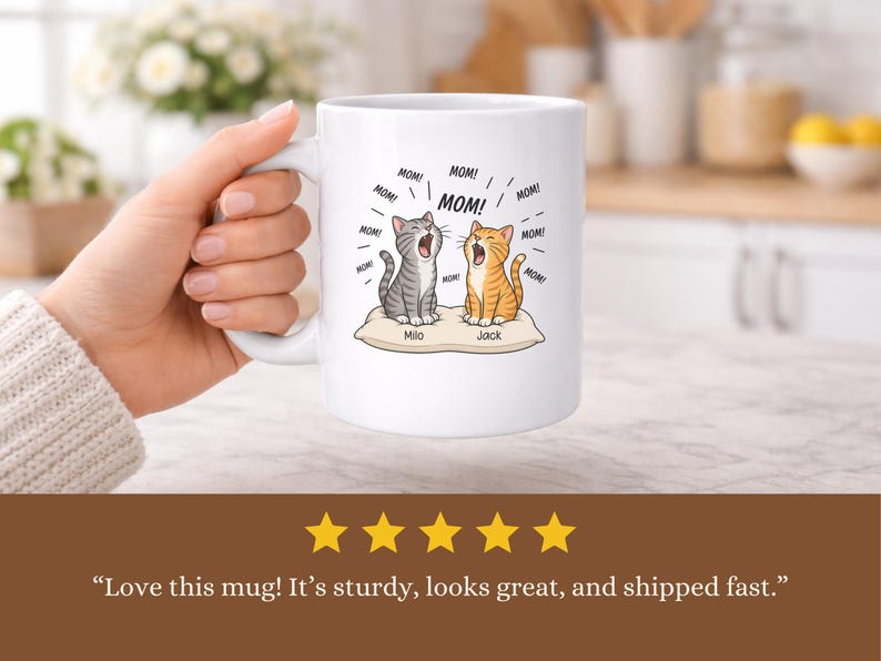 Mug with two cartoon cats, "Milo" and "Jack," calling "MOM!"