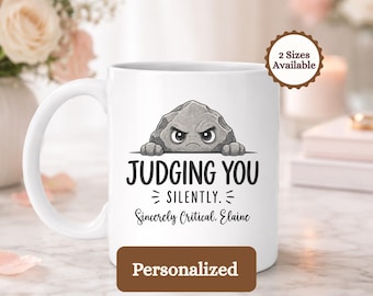 Personalized Judging You Silently Mug, Grumpy Rock Character Coffee Cup, Funny Sarcastic Introvert Gift, Witty Office Teacup for Friends