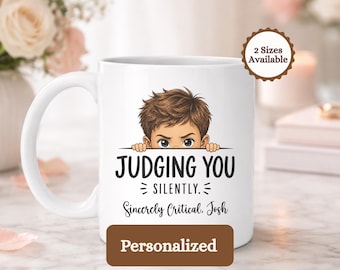 Personalized Judging You Silently Mug, Funny Sarcastic Coffee Cup Gift for Friend, Witty Office Humor, Peeking Kid Graphic Mug