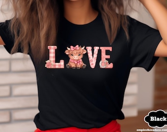 Highland Cow LOVE Valentine Shirt, Cute Western Cow Graphic Tee, Farm Animal T-Shirt, Rustic Valentine Gift for Her