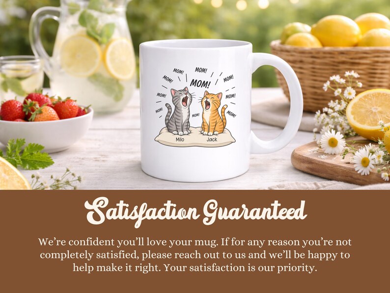 Mug with two cats, Milo and Jack, saying "MOM!"