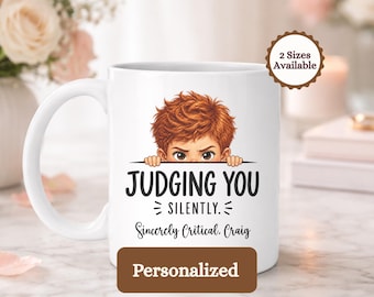 Personalized Judging You Silently Mug, Funny Sarcastic Coffee Cup, Witty Office Gift, Custom Name Humorous Peeking Character Drinkware
