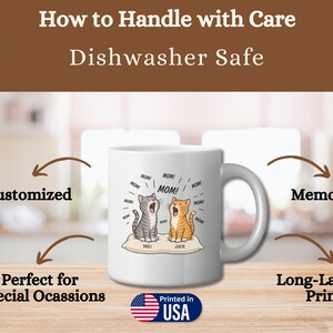 Mug with "MOM!" text and two cats, labeled Customized, Memorable, Long-Lasting Print.