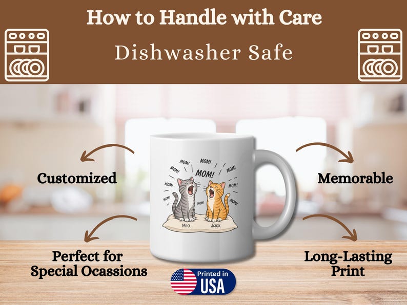 Mug with "MOM!" text and two cats, labeled Customized, Memorable, Long-Lasting Print.