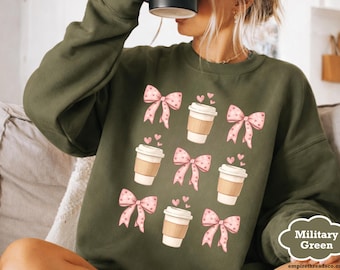 Coffee Sweatshirt, Coquette Top, Bows Clothing, Coffee Lover Gift, Pink Bow Sweatshirts for Women