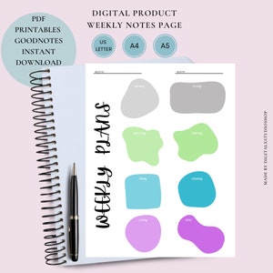 Weekly Notes Printable, Weekly Planner Printable, Instant Download, Digital Product, PDF, Template, Weekly plans, Funky shapes, Mixed colors