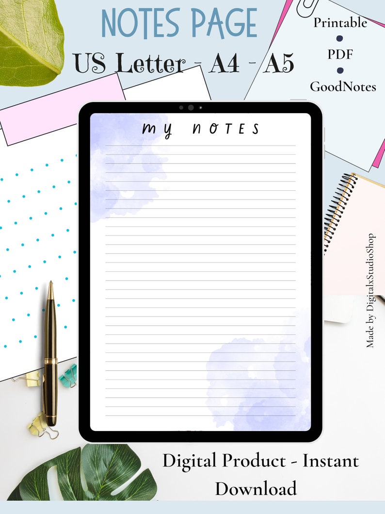Notes Page Printable, Lined Notes, Digital Product, Note Taking ...