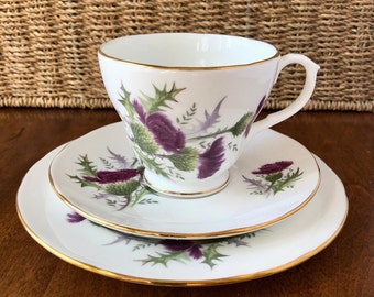 Duchess Highland Beauty Thistle 1960s Teacup & Saucer, Tea Plate Trio.