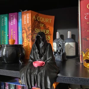 May include: A black figurine of a cloaked figure holding a pink teacup, placed on a bookshelf. The figure is in front of a collection of books with colorful spines. The books include titles like "A Court of Silver Flames" and "A Court of Mist and Fury".