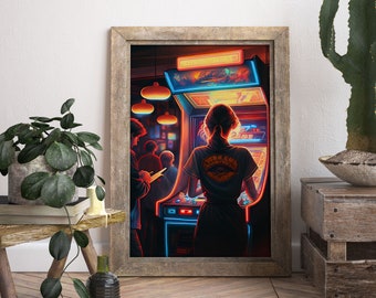 May include: A framed illustration of a woman playing a retro arcade game. The game is lit up with neon lights and the woman is wearing a t-shirt with a graphic design. The background is a dark room with other people playing games.