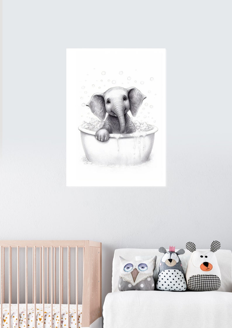 Baby Elephant Bathtub Digital Print Baby Elephant Bathing, Funny Bathroom Print, Elephant in a