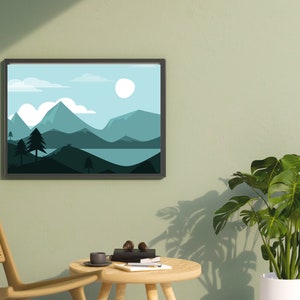 Arte de montaña verde azulado y blanco, lienzo de montaña, arte de pared, impresión abstracta, arte de pared, té, montaña azul, arte minimalista de pared