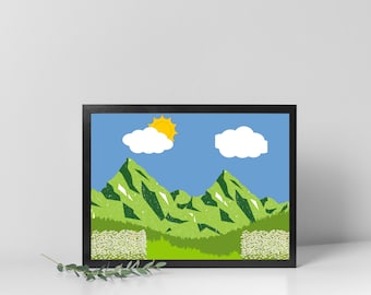 Illustration verte Impression de montagne Impression de montagne abstraite Impression d'art de mur de montagne Impression d'art mural minimaliste