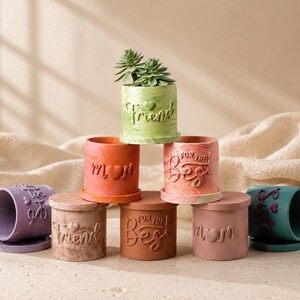 May include: A selection of small, brightly coloured ceramic plant pots, each with a succulent plant. The pots are inscribed with words like "Friend", "Mom", and "For the Best". The colours include green, orange, pink, and teal.