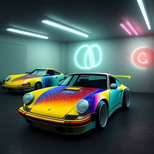 Może przedstawiać: Dwa klasyczne samochody Porsche 911 w garażu. Samochód na pierwszym planie jest żółty z tęczowym lakierem. Samochód w tle jest biały z niebieskim i zielonym lakierem. Oba samochody mają neonowe światła w tle.
